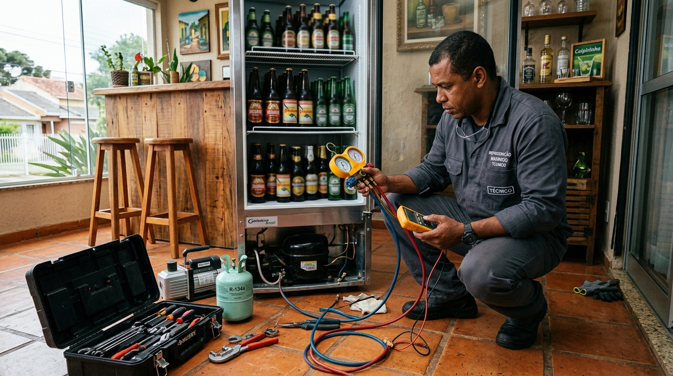 Profissional executando reparo no motor de cervejeira em Niterói‑RJ