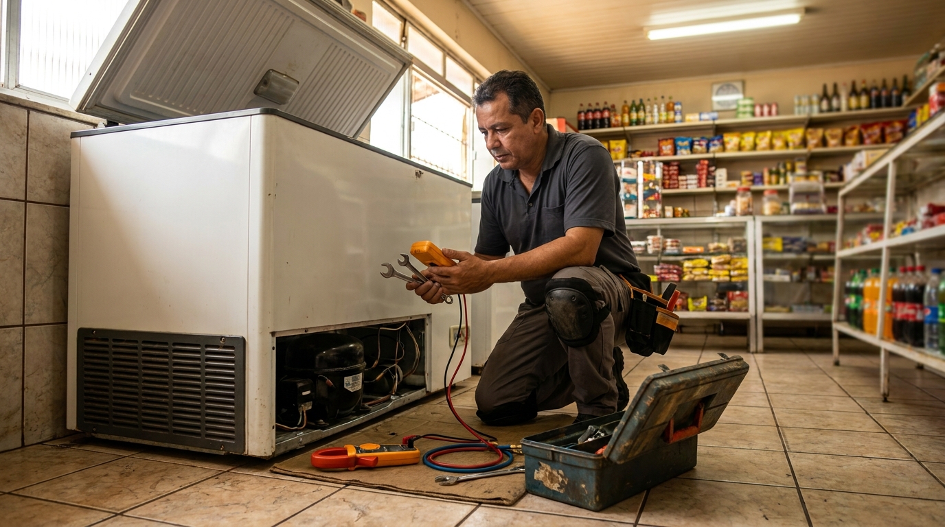 Profissional executando manutenção no motor de freezer em Niterói‑RJ